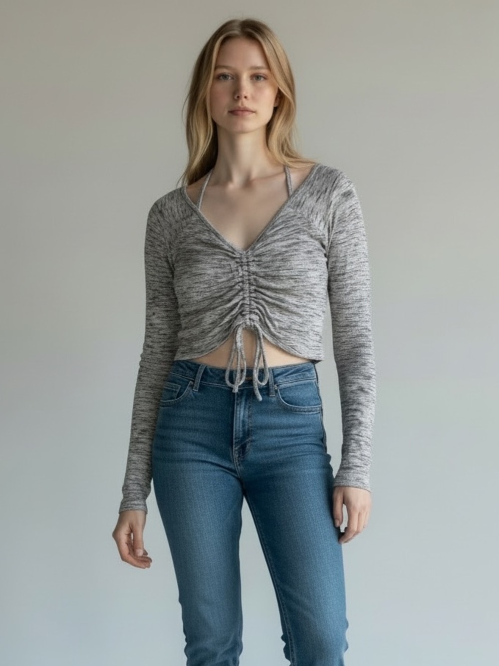 Live Love Dream Ruched V-Neck Long Sleeve Crop Top - Heather Gray